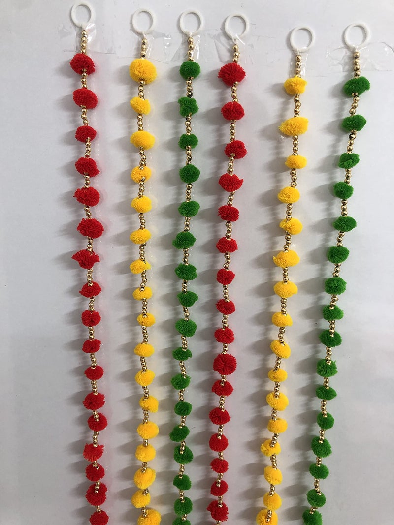 Aahum Handmade WallDoor Hangings 2Ft.Strings Red Yellow Green Color PomPom Torans Garland Bandhwar GoldenBells Temple,Ganesha Decoration Home Décor Diwali,Festival,NavratriWedding,Party(2FT 12Strings) - Image 5