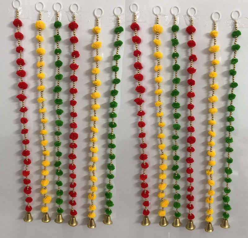 Aahum Handmade WallDoor Hangings 2Ft.Strings Red Yellow Green Color PomPom Torans Garland Bandhwar GoldenBells Temple,Ganesha Decoration Home Décor Diwali,Festival,NavratriWedding,Party(2FT 12Strings) - Image 1