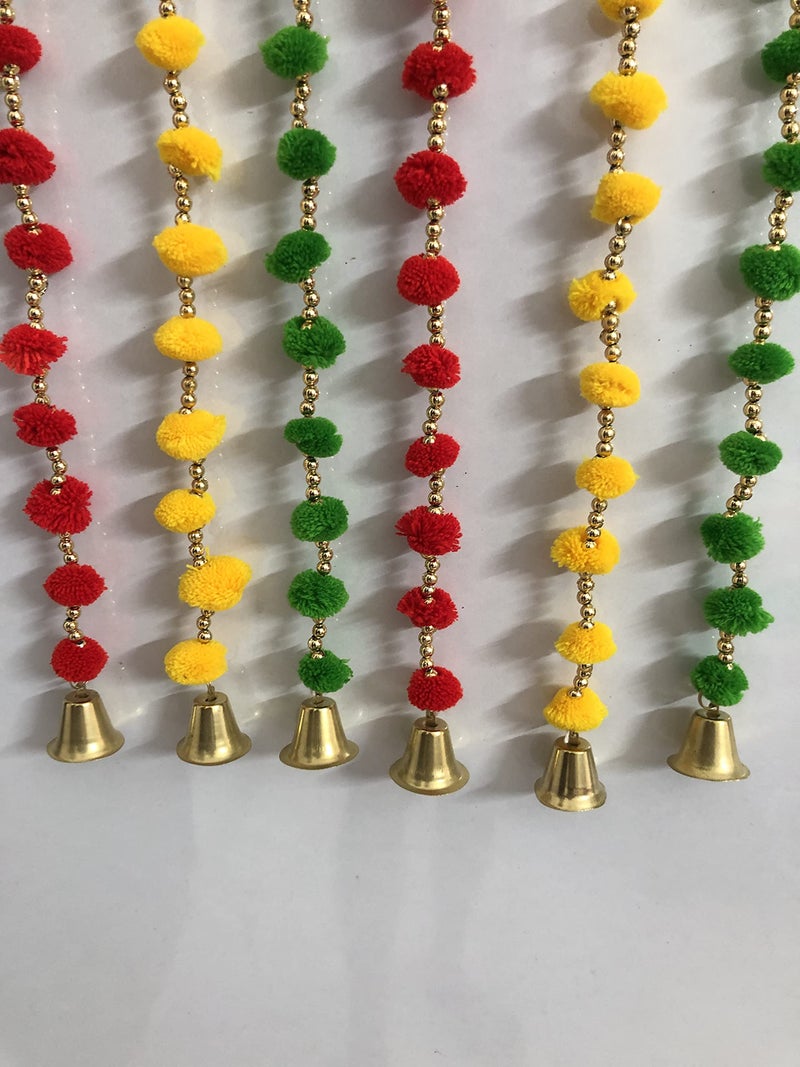 Aahum Handmade WallDoor Hangings 2Ft.Strings Red Yellow Green Color PomPom Torans Garland Bandhwar GoldenBells Temple,Ganesha Decoration Home Décor Diwali,Festival,NavratriWedding,Party(2FT 12Strings) - Image 4