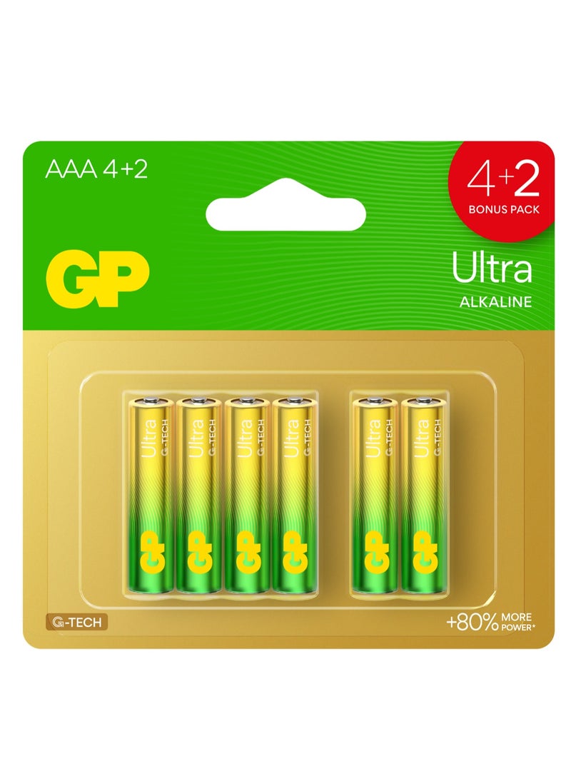 جي بي باتاريز بطاريات GP Ultra Alkaline AAA (عبوة من 4 قطع + قطعتين) | طاقة تدوم طويلاً للأجهزة عالية الاستهلاك | متانة مانعة للتسرب | مثالية للأجهزة غير الأوروبية | بطاقة نفطة مريحة للتخزين السهل  - Image 1