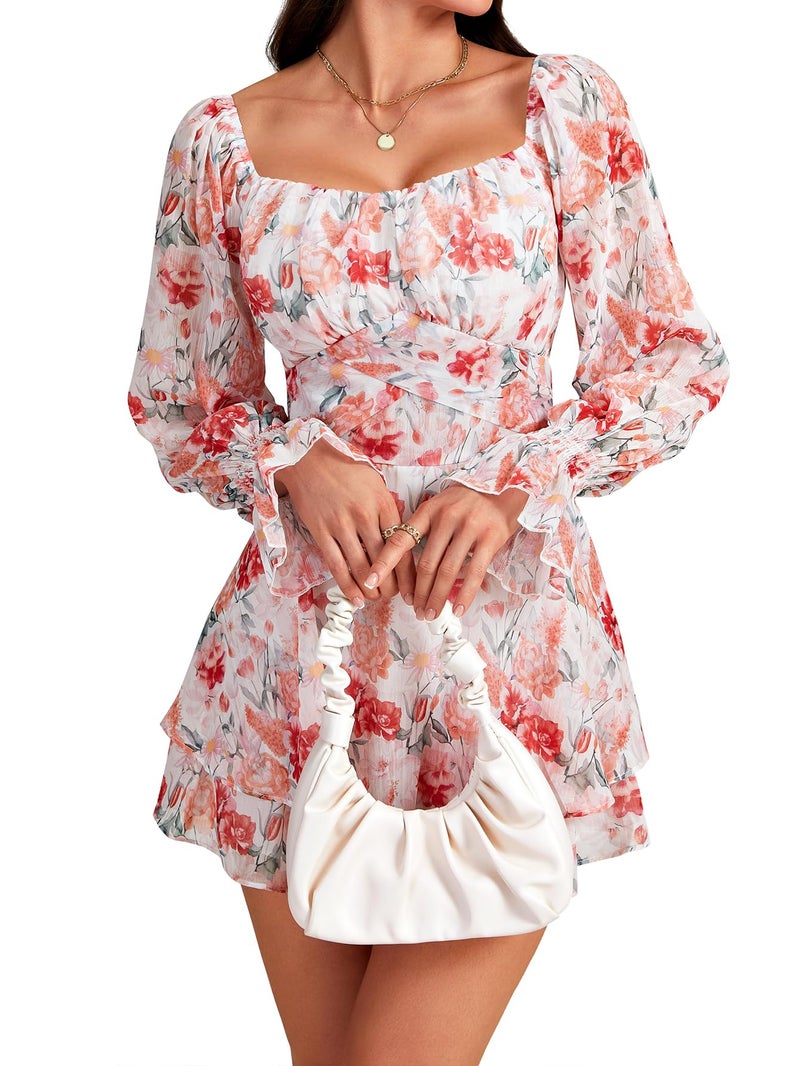 LYANER Women's Floral Print Off Shoulder Long Sleeve Ruffle Hem Romper Short Jumpsuit Floral Pink Small - Image 5