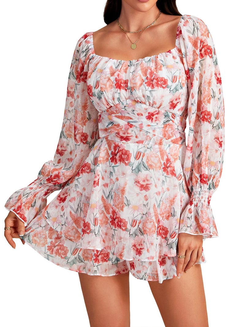 LYANER Women's Floral Print Off Shoulder Long Sleeve Ruffle Hem Romper Short Jumpsuit Floral Pink Small - Image 3