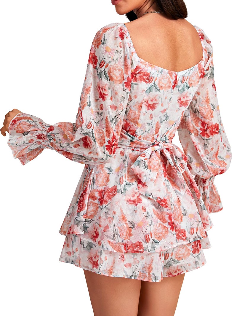 LYANER Women's Floral Print Off Shoulder Long Sleeve Ruffle Hem Romper Short Jumpsuit Floral Pink Small - Image 2