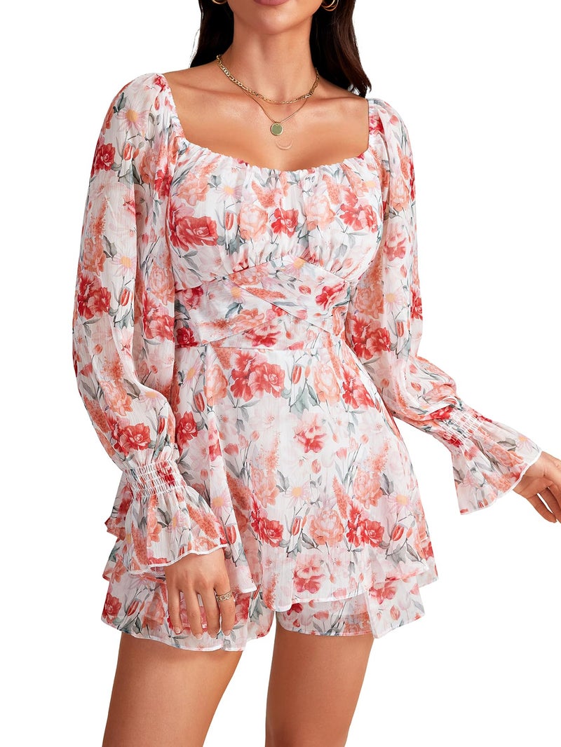 LYANER Women's Floral Print Off Shoulder Long Sleeve Ruffle Hem Romper Short Jumpsuit Floral Pink Small - Image 1