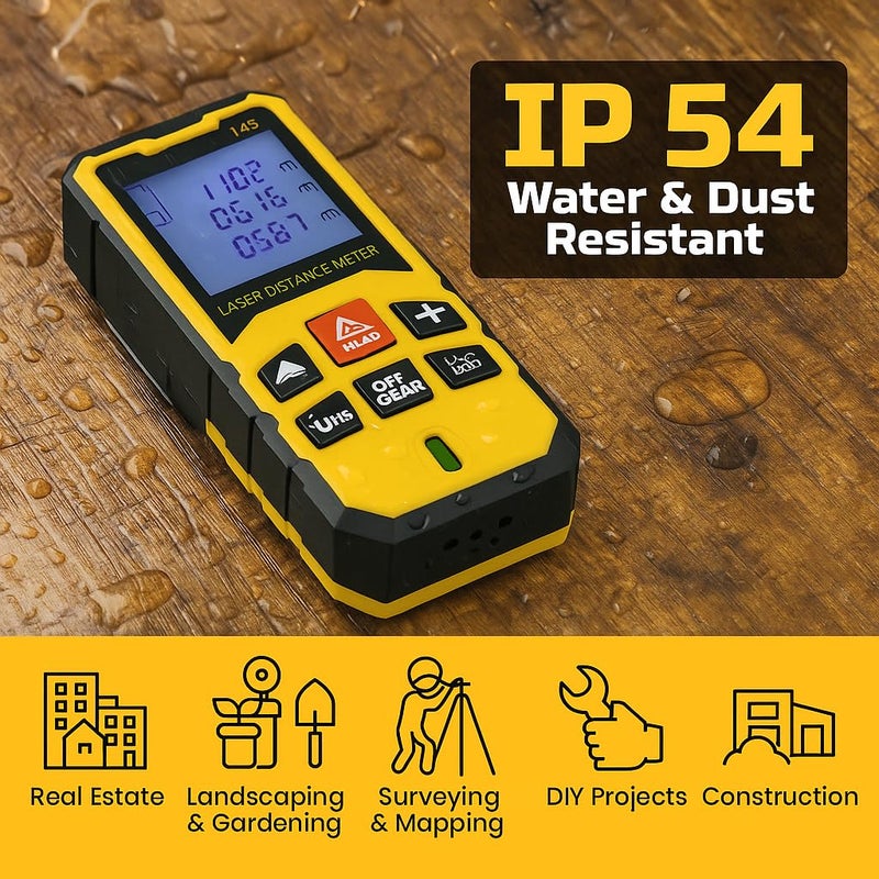 Tomahawk ® TLM-O-100 Laser Distance Meter MC 100m RL THK | 325ft Range with Area, Volume, Pythagoras Measurement | Laser Class 2 | Water & Dustproof | 2 Line LCD Display with Batteries & Hand Strap - Image 4