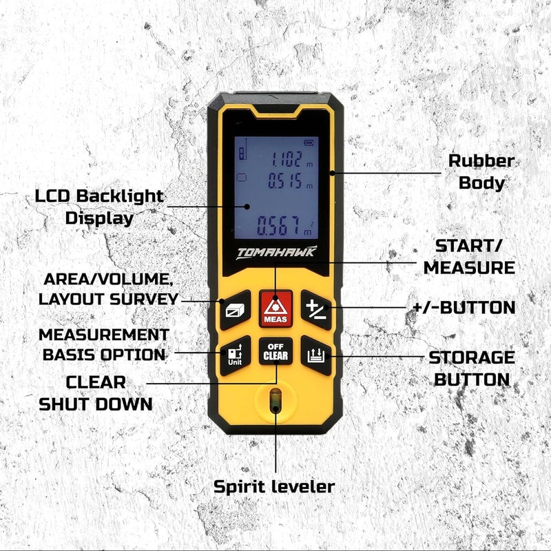 Tomahawk ® TLM-O-100 Laser Distance Meter MC 100m RL THK | 325ft Range with Area, Volume, Pythagoras Measurement | Laser Class 2 | Water & Dustproof | 2 Line LCD Display with Batteries & Hand Strap - Image 2