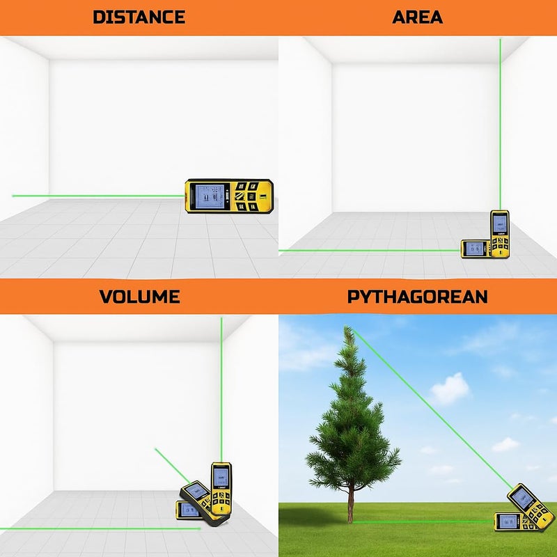 Tomahawk ® TLM-O-100 Laser Distance Meter MC 100m RL THK | 325ft Range with Area, Volume, Pythagoras Measurement | Laser Class 2 | Water & Dustproof | 2 Line LCD Display with Batteries & Hand Strap - Image 5