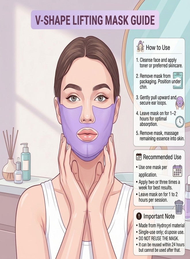Baskety Double Chin Reducing Hydrogel Gel V Face Mask Shape Jawline Lifting, Facial Contouring, Anti-Wrinkle, Skin Firming and Tighting Deep Hydration (1 Piece, Purple) - Image 2