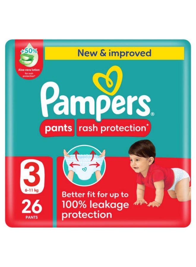 Pampers Rash Protection Pants Diapers, Size 3, 6-11kg, Value Pack, 26 Count