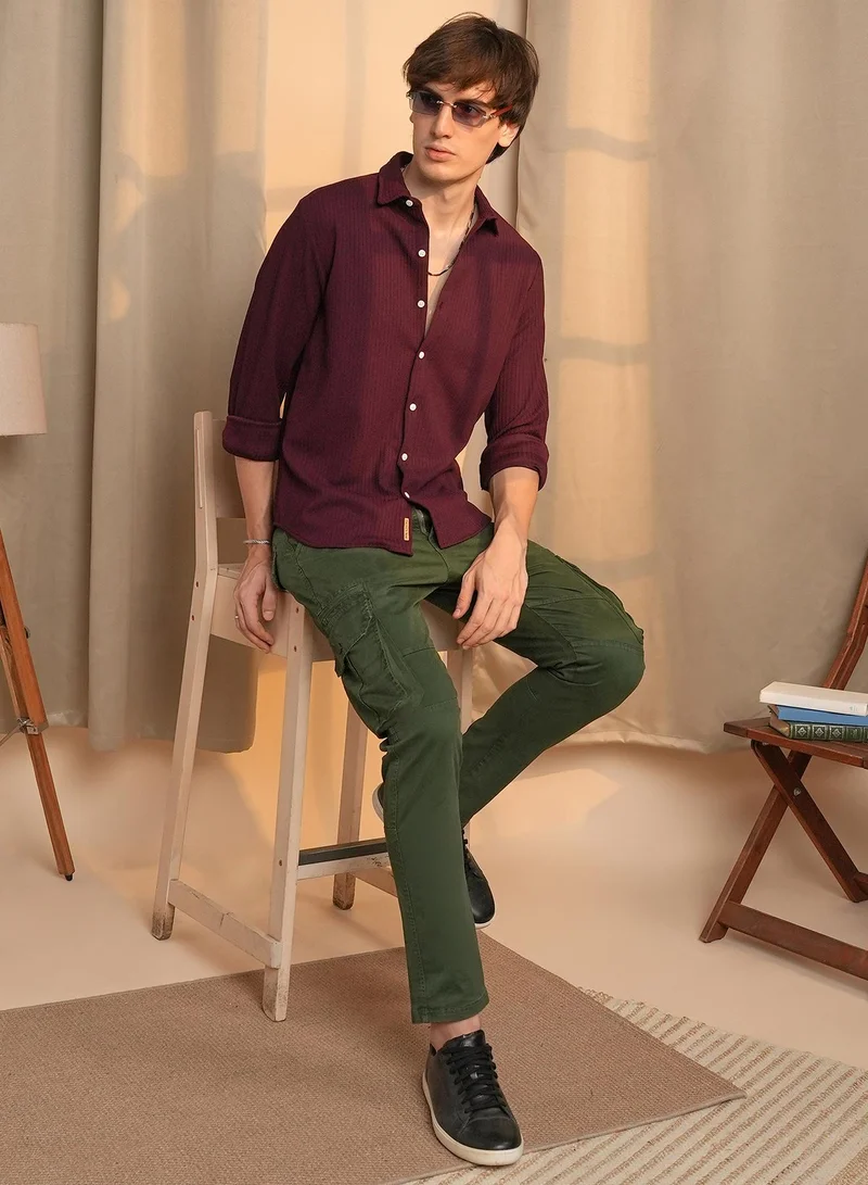 CAHOOT  Men's Maroon Red Stripe-Creased Shirt for Men | Best Price UAE