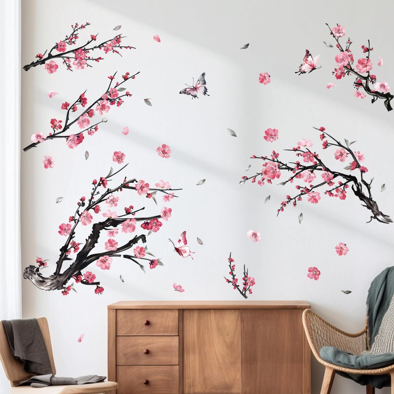 decalmile Watercolor Pink Flower Branch Wall Decals Blossom Tree Branches Floral Wall Stickers Living Room Bedroom Sofa TV Background Wall Decor - Image 3