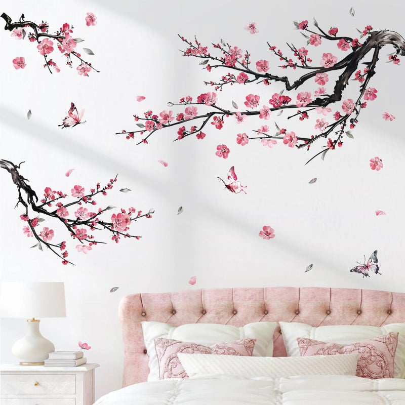 decalmile Watercolor Pink Flower Branch Wall Decals Blossom Tree Branches Floral Wall Stickers Living Room Bedroom Sofa TV Background Wall Decor - Image 1