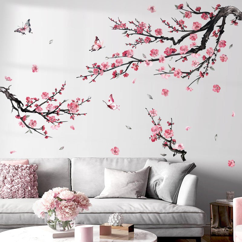 decalmile Watercolor Pink Flower Branch Wall Decals Blossom Tree Branches Floral Wall Stickers Living Room Bedroom Sofa TV Background Wall Decor - Image 2