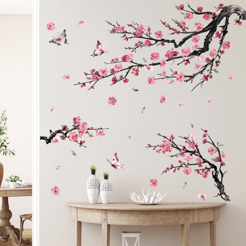decalmile Watercolor Pink Flower Branch Wall Decals Blossom Tree Branches Floral Wall Stickers Living Room Bedroom Sofa TV Background Wall Decor - Image 4