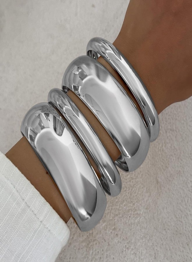 Bowdcvy Chunky Gold Bangle Bracelets for Women Stack Trendy Silver Wide Wrist Statement Cuff Bracelet Arm Cuffs Upper Bangle Fashion Jewelry Gift Accessories, Unisex, Zinc, no gemstone - Image 2