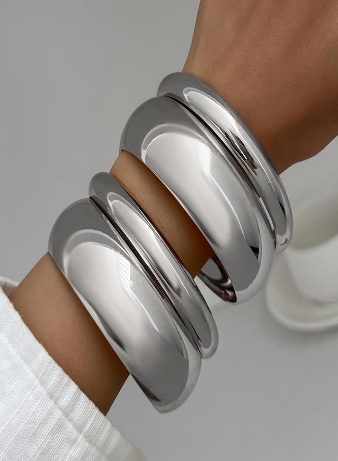 Bowdcvy Chunky Gold Bangle Bracelets for Women Stack Trendy Silver Wide Wrist Statement Cuff Bracelet Arm Cuffs Upper Bangle Fashion Jewelry Gift Accessories, Unisex, Zinc, no gemstone - Image 3