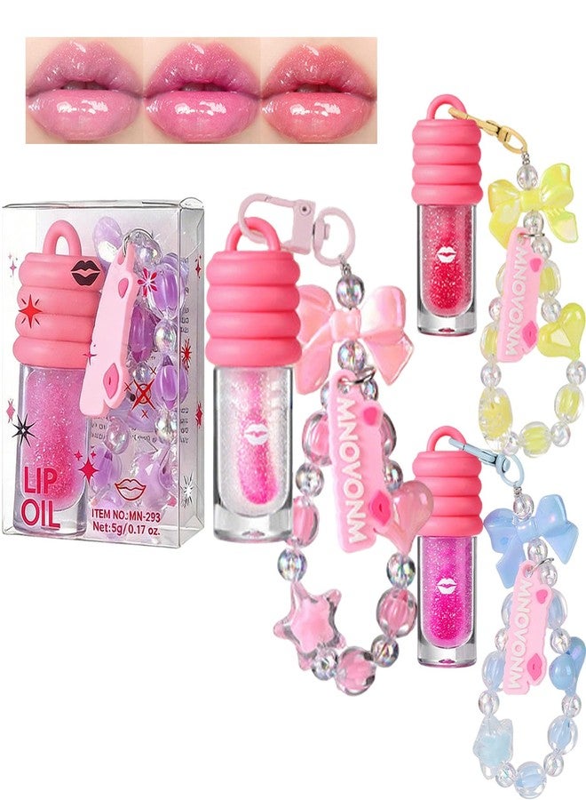 KTouler 3Pcs Glitter Lip Gloss Set With Keychain,Hydrating Clear Pink Red Tinted Lip Gloss for Girls,Glossy Shimmer High Shine Finish - Image 1