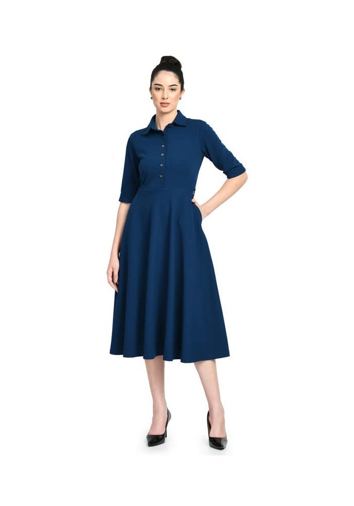 Exude Royal Blue Midi Shirt Dress for Women - Image 1
