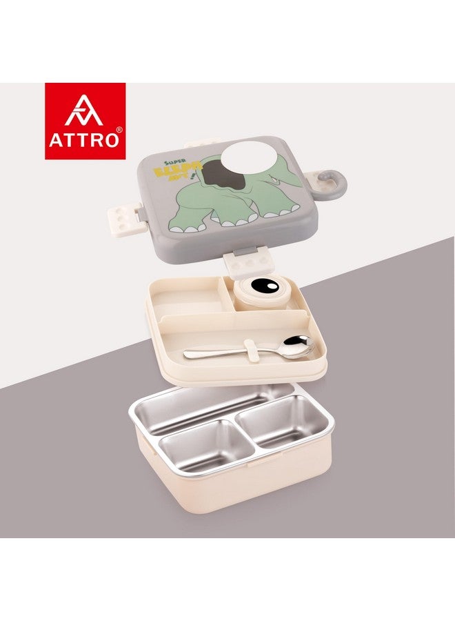 ATTRO Carnival Super Elephant Lunch Box 2 Layer Stainless Steel Lunch Box Comes with 1 Detachable Tray, 1 Small Container & 1 Spoon Ideal for Kids BPA Free 1120ml+70ml- Grey - Image 2