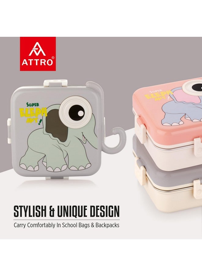 ATTRO Carnival Super Elephant Lunch Box 2 Layer Stainless Steel Lunch Box Comes with 1 Detachable Tray, 1 Small Container & 1 Spoon Ideal for Kids BPA Free 1120ml+70ml- Grey - Image 3