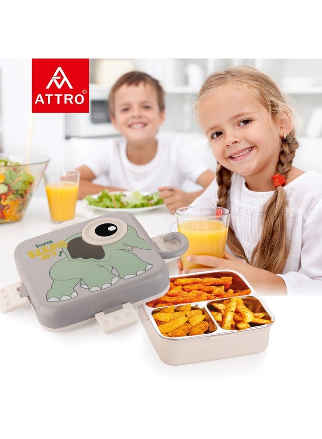 ATTRO Carnival Super Elephant Lunch Box 2 Layer Stainless Steel Lunch Box Comes with 1 Detachable Tray, 1 Small Container & 1 Spoon Ideal for Kids BPA Free 1120ml+70ml- Grey - Image 4