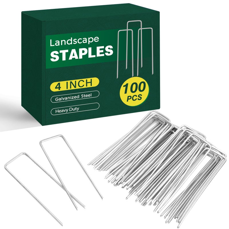 CEWOR 100 Pack Landscape Staples 4 Inches, Galvanized Garden Stakes Landscape Staples Fabric Pins Lawn Stakes for Barrier Fabric, U-Type Heavy Duty - Image 1