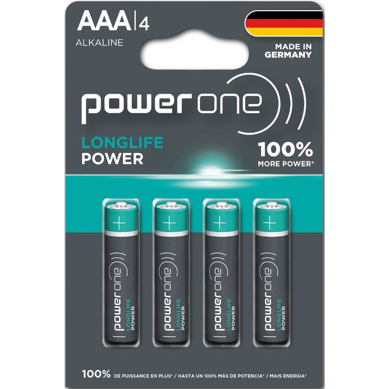 Power ONE LONGLIFE Power AAA Battery Long Performing Alkaline Batteries Made in Germany with Up to 10 Years Shelf Life - Pack of 4 - Image 1