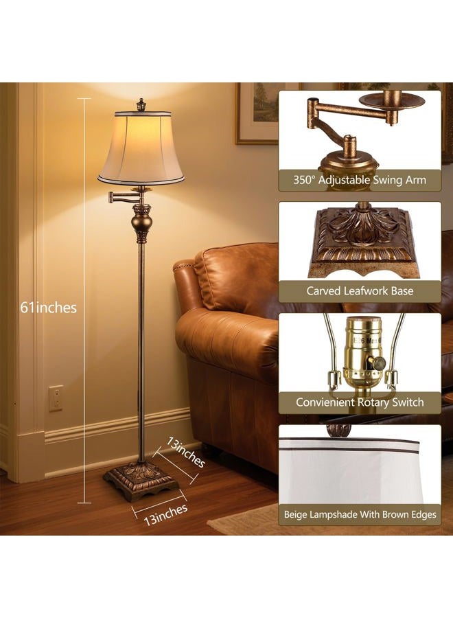 PARTPHONER Vintage Floor Lamps for Living Room,Traditional 350° Adjustable Swing Arm Farmhouse Floor Lamp for Bedroom, Rustic Standing Lamp Pole Lamps for Reading, Home Décor and Office,Bronze Gold - Image 2