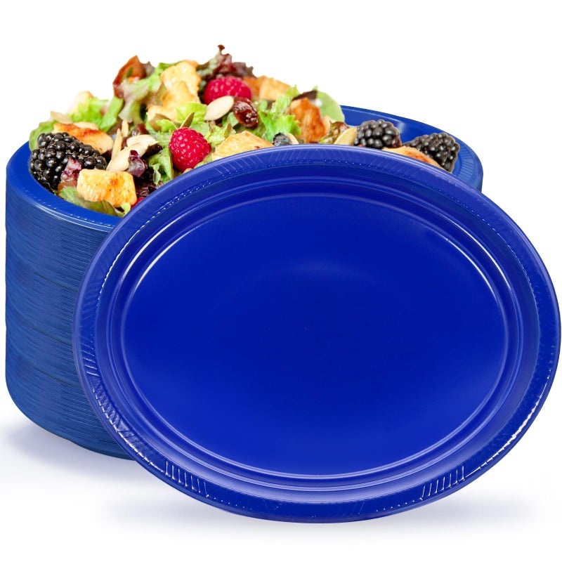 BONSINY Blue Plates Disposable Heavy Duty 12 x 10  Oval Blue Plastic Plates for Party Baby Shower Birthday Graduations Patriotic Party Independence Day50 Count