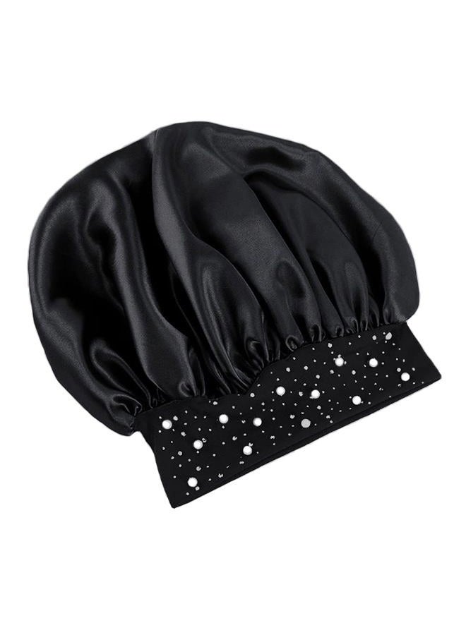 YeeMan Hair Bonnet Glittering Pearls and Rhinestones Satin Bonnet Wide Band Sleeping Cap (Black) - Image 4