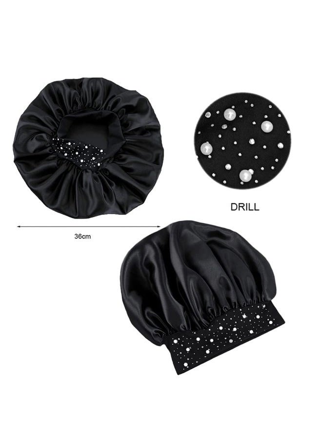 YeeMan Hair Bonnet Glittering Pearls and Rhinestones Satin Bonnet Wide Band Sleeping Cap (Black) - Image 5