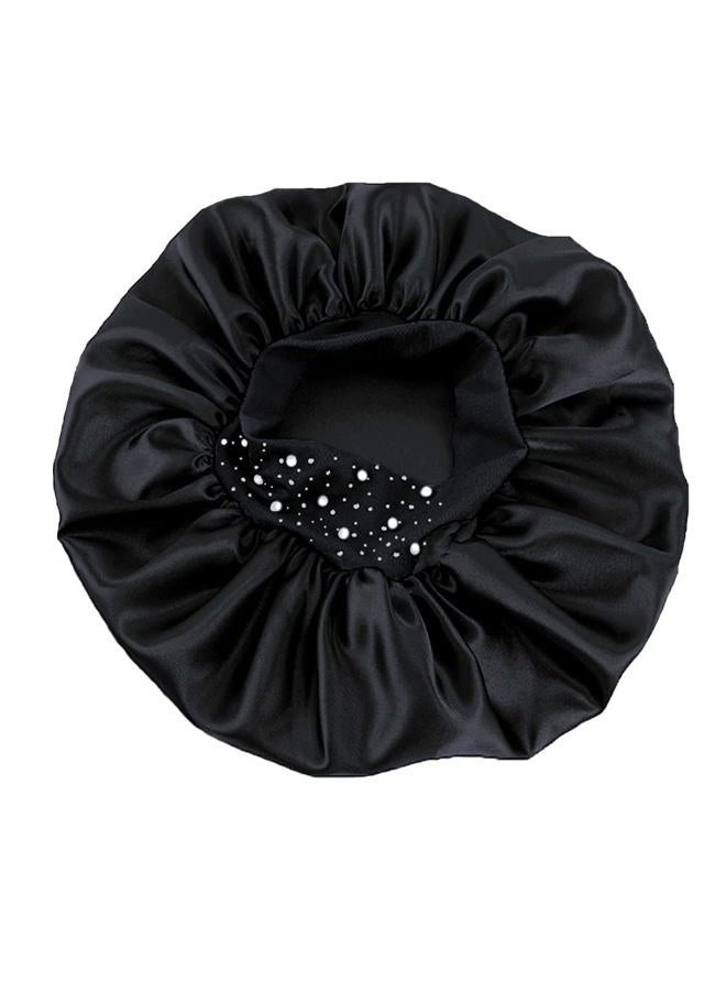YeeMan Hair Bonnet Glittering Pearls and Rhinestones Satin Bonnet Wide Band Sleeping Cap (Black) - Image 3