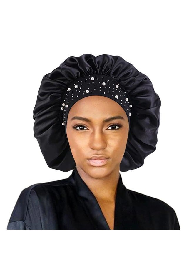 YeeMan Hair Bonnet Glittering Pearls and Rhinestones Satin Bonnet Wide Band Sleeping Cap (Black) - Image 1