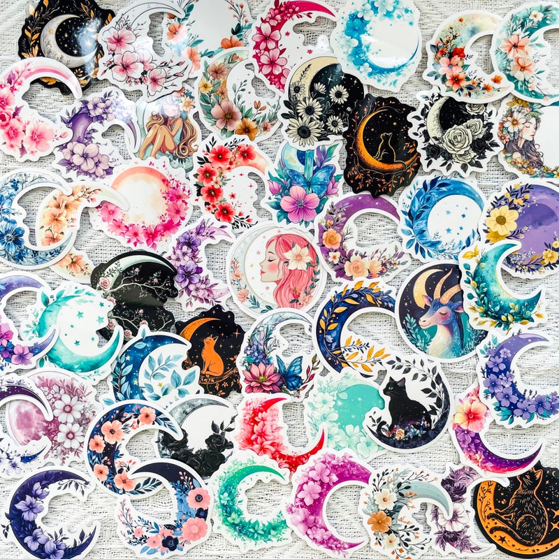 PIGBIT 50PCS Fantasy Celestial Moon Flower Stickers â€“ Aesthetic Vinyl Waterproof Boho Lunar Decals for Scrapbooking, Journaling, Planners, Laptops - Image 1