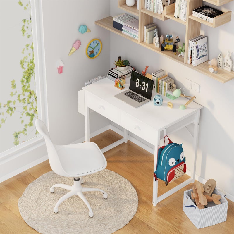Lufeiya Small White Kids Desk with Drawers for Bedroom, 32 Inch Home Office Desks with Fabric Storage Drawer and Bag, Study Writing Vanity Table for Small Spaces, White - Image 2
