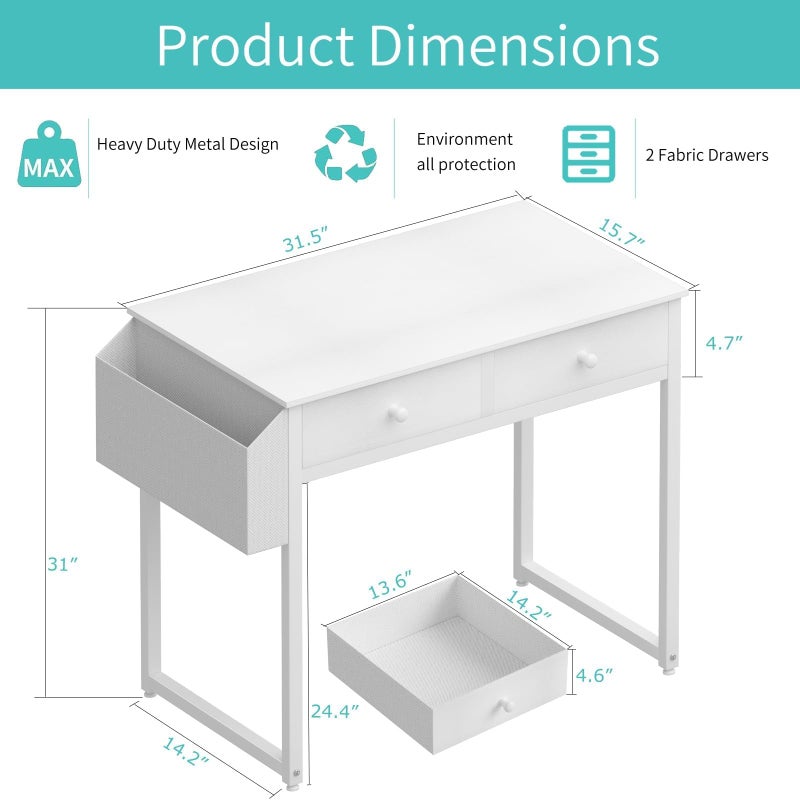 Lufeiya Small White Kids Desk with Drawers for Bedroom, 32 Inch Home Office Desks with Fabric Storage Drawer and Bag, Study Writing Vanity Table for Small Spaces, White - Image 4