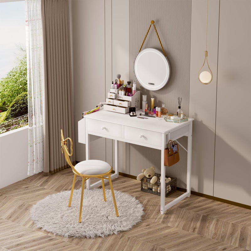 Lufeiya Small White Kids Desk with Drawers for Bedroom, 32 Inch Home Office Desks with Fabric Storage Drawer and Bag, Study Writing Vanity Table for Small Spaces, White - Image 3