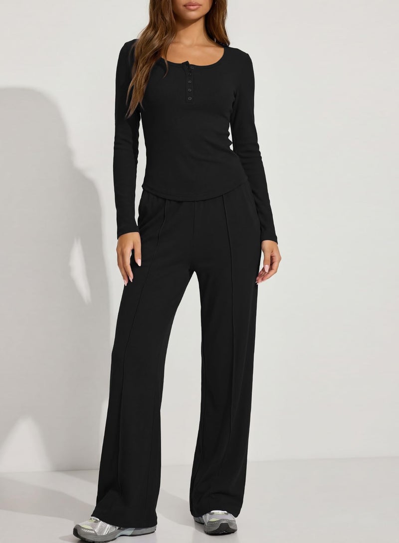 Darong Women's 2 Piece Matching Lounge Set Long Sleeve Henley Top Wide Leg Pants Casual Sweatsuit 9122 Black L - Image 3
