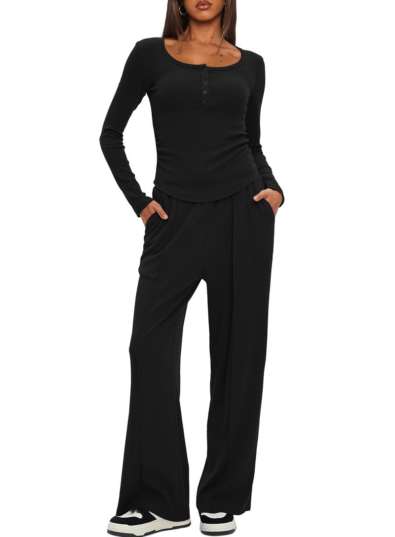 Darong Women's 2 Piece Matching Lounge Set Long Sleeve Henley Top Wide Leg Pants Casual Sweatsuit 9122 Black L - Image 5