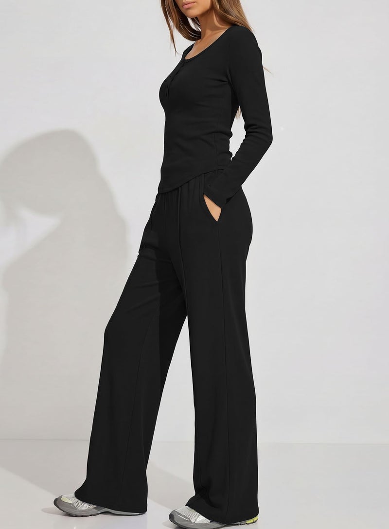 Darong Women's 2 Piece Matching Lounge Set Long Sleeve Henley Top Wide Leg Pants Casual Sweatsuit 9122 Black L - Image 4