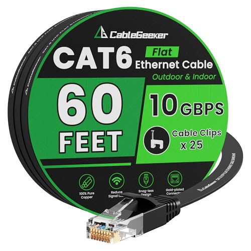 CableGeeker Cat 6 Ethernet Cable 60 ft, Indoor&Outdoor, High Speed 10Gbps Flat Internet Network Cable, Pure Copper Ethernet Patch Cable Long, Computer LAN Cable with Clips & Straps for Router, Modem, PS4/5, Black - Image 1