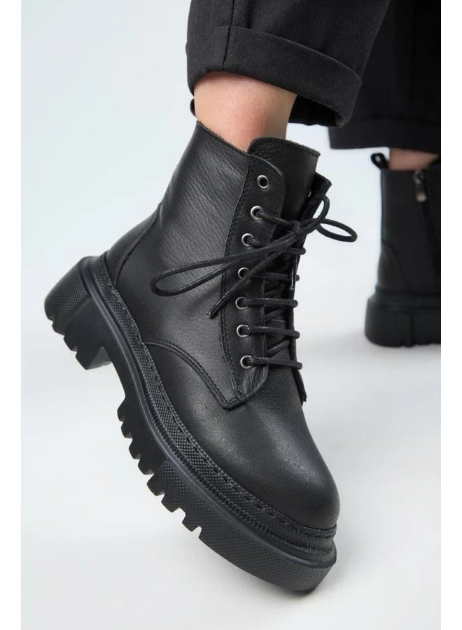(Dilzar) Women's Real Leather Lace‑Up Inside Zipper Black Boot.