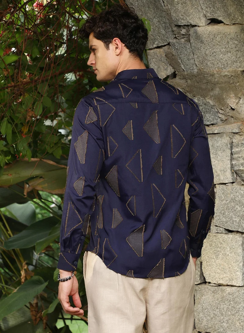 Campus Sutra Campus Sutra Men's Navy Blue Edgy-Geometric Woven Shirt For Casual Wear | Spread Collar | Long Cuffed Sleeves | Button Closure | Shirt Crafted With Comfort Fit For Everyday Wear