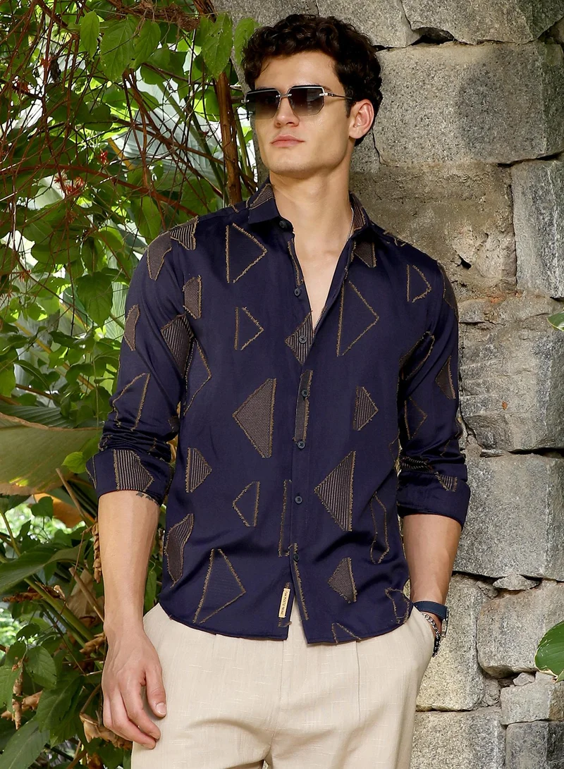 Campus Sutra Campus Sutra Men's Navy Blue Edgy-Geometric Woven Shirt For Casual Wear | Spread Collar | Long Cuffed Sleeves | Button Closure | Shirt Crafted With Comfort Fit For Everyday Wear