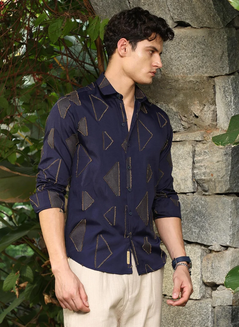 Campus Sutra Campus Sutra Men's Navy Blue Edgy-Geometric Woven Shirt For Casual Wear | Spread Collar | Long Cuffed Sleeves | Button Closure | Shirt Crafted With Comfort Fit For Everyday Wear