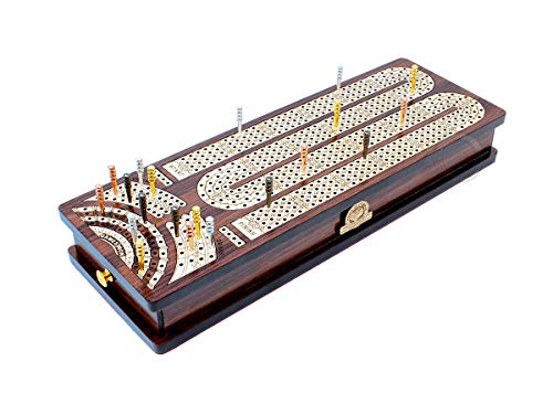 House of Cribbage - Continuous Cribbage Board/Box Inlaid in Rosewood/Maple : 4 Track - Side Drawers with Score Marking Fields for Skunks, Corners and Won Games - Image 1