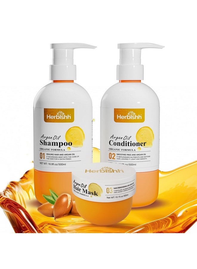 Herbishh Moroccan Argan Oil Shampoo and Conditioner Set with Hair Mask, Moisturizing & Deep Cleansing Kit For Dry, Damaged, Frizzy Hair, Color Safe & UV Protection 16.9fl.oz + 16.9fl.oz + 10.1 fl.oz - Image 1