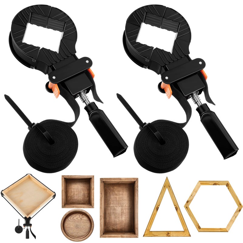 Feekoon 2 Packs 13 FT Belt Band Strap Clamps for Woodworking Quick Release Band Clamps with 4 Corner Claws Thick and Sturdy Belt Clamp Adjustable Picture Frame Clamp Tool