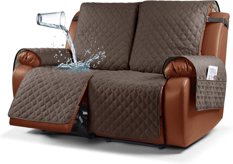 Ruaozz Waterproof Recliner Sofa Cover 1Piece Couch Covers for Reclining Couches Reclining Sofa Cover Washable Furniture Protector with Elastic Straps Pocket for Kids Pets Brown 2 Seater