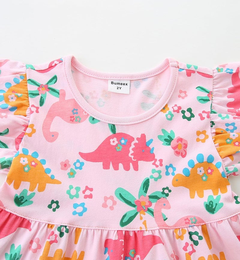 Bumeex Kids Big Girl Summer Dress Cotton Pocket Easter Ruffle Short Sleeve Tiered Swing Twirly Casual Sundress Dresses for Girls Clothes Outfits Clothing Pink Dinosaur 10-11 Years - Image 4